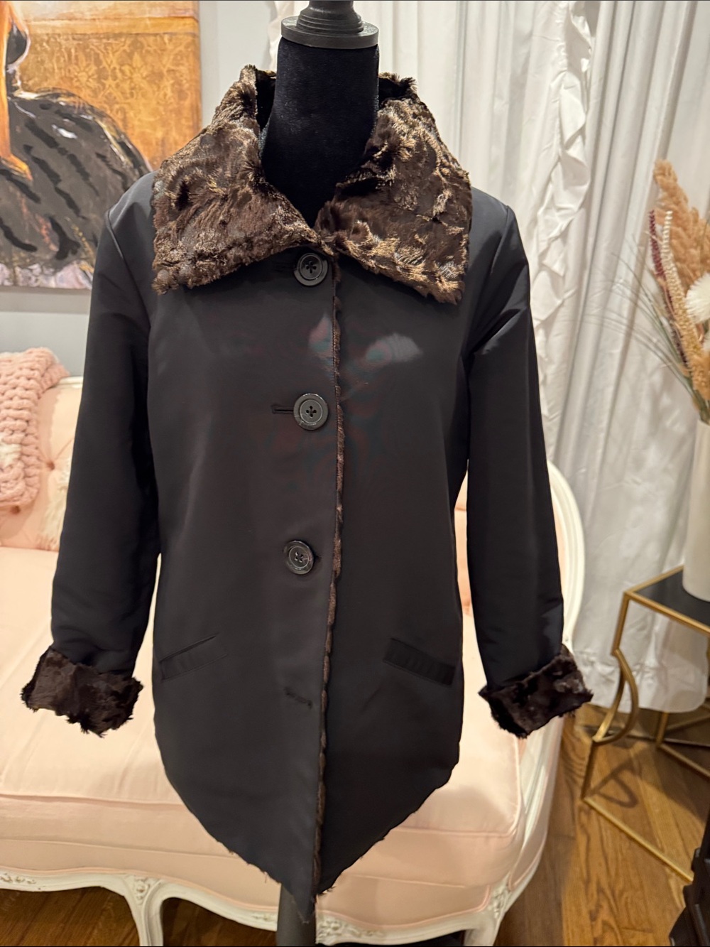 Women's Brown Faux Fur Textured Jacket with Contrast Collar REVERSIBLE